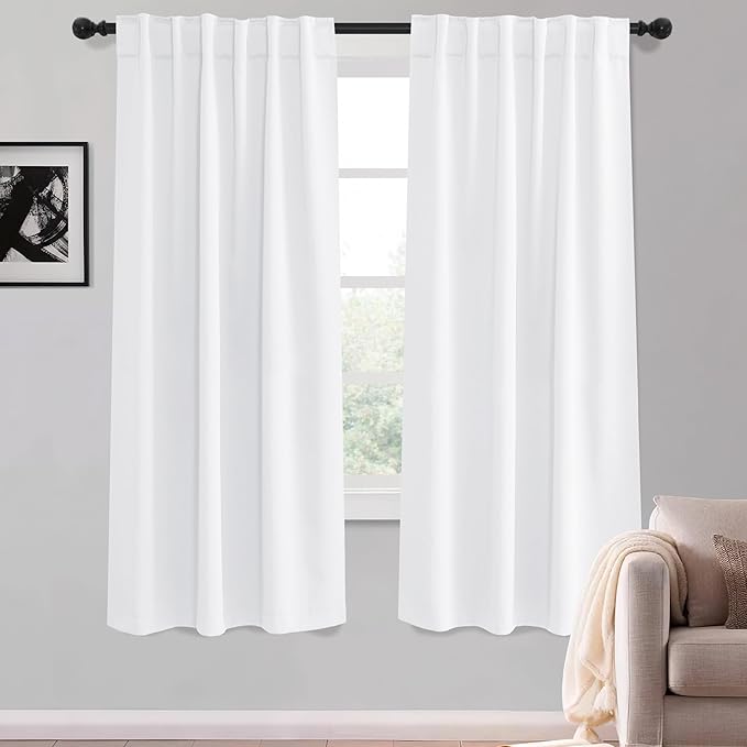 KGORGE 63 inch Curtains 2 Panel Set, Privacy Light Filtering Drapes Thermal Insulation Noise Reducing Curtains for Kids Room Living Room Closet Cover, W52 x L63 inches, White, 2 Panels