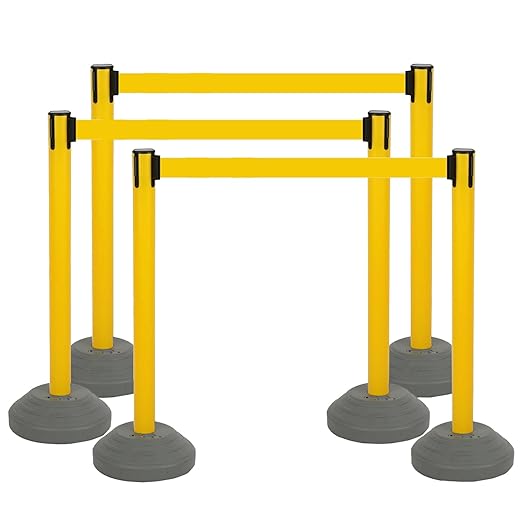 BESEA Crowd Control Stanchions with 10 FEET Retractable Belts, Water Filled Base Weighted Barriers Yellow Post 6PACK