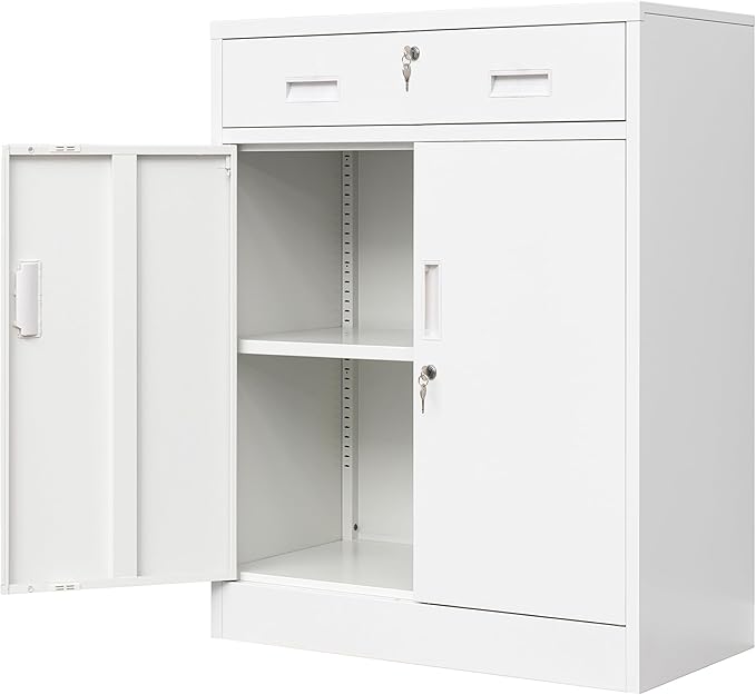 Metal Storage Cabinet, Locking Cabinet with 1 Drawer and Adjustable Shelf, 36" H x 28" W x 16" D Steel Storage Cabinet for Office, Garage, Home-White