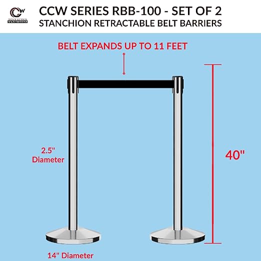 Crowd Control Warehouse CCW Set of 2 Retractable Belt Barriers Stanchion, Polished Stainless Steel Post, RBB-100 (9 Foot Belt, Fluorescent Pink Belt)