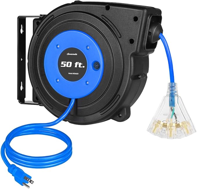 DEWENWILS Retractable Extension Cord Reel, 50 FT Heavy Duty Power Cord, 14AWG/3C SJTOW, 3 Grounded Outlets Lighted Triple Tap, 13 Amp Circuit Breaker, UL Listed