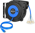 DEWENWILS Retractable Extension Cord Reel, 50 FT Heavy Duty Power Cord, 14AWG/3C SJTOW, 3 Grounded Outlets Lighted Triple Tap, 13 Amp Circuit Breaker, UL Listed