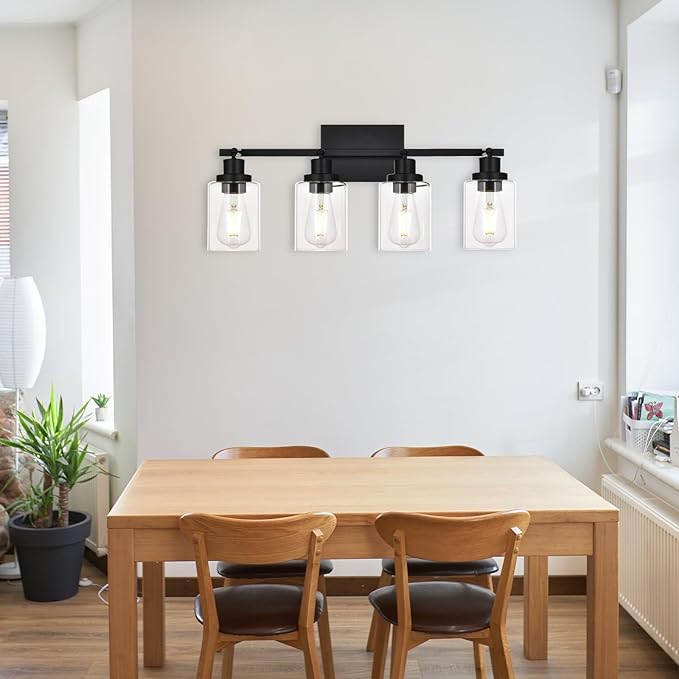 4-Light Track Lighting Kit Black Track Lighting Fixtures Bathroom Wall Sconces Ceiling Mount Kitchen Tracking Lights, Rotatable Spotlight with Clear Glass Shade for Kitchen Shop Hallway