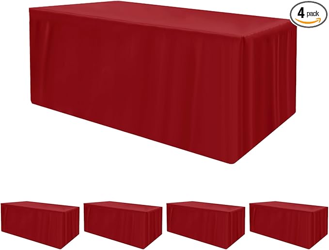 HolidayIdeas 4 Pack Red Fitted Tablecloth for 6ft Tables, 4-Sided Christmas Table Cover for Holiday Markets, Yard Parties, & Gift Tables, Wrinkle-Resistant Washable Xmas Decorations