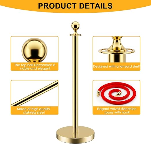 LOVMOR 12Pcs Gold Stanchion Posts Queue with 8pcs Red Velvet Rope, Crowd Control Barriers Queue Line Rope, Crowd Control Stanchion for Party Supplies