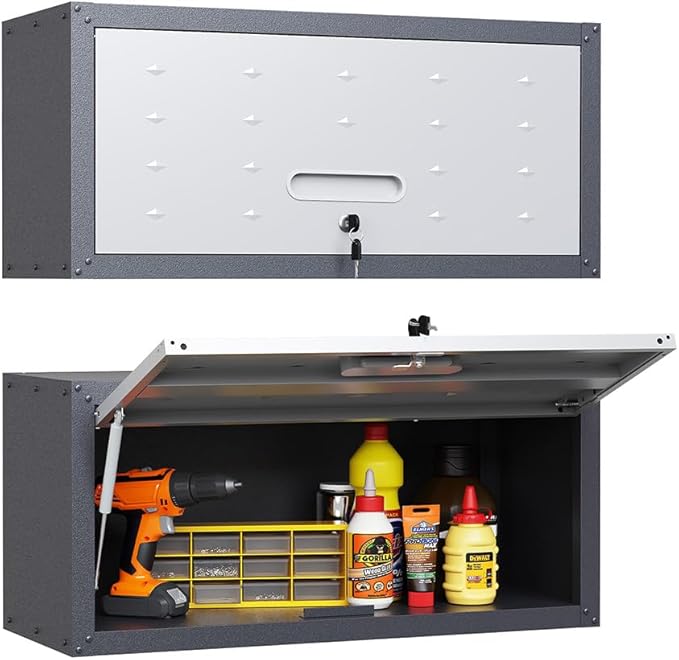 Metal Wall Mounted Cabinet with Up-flip Door, Lockable Heavy-duty Steel Wall Cabinet with lock, Floating Tool Storage Cabinet for Garage, Workshop,Warehouse, Assembly Required (Grey,13.58"H)