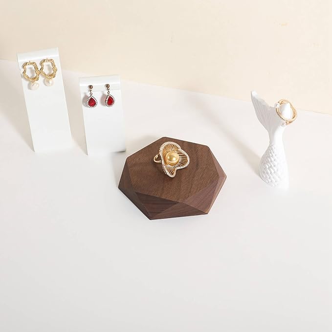 GemeShou single Walnut Jewelry display Tray for selling, Wooden hexagon display riser for jewelry, Jewelry retail shop display stand, photography props【Walnut Hexagon single Small】