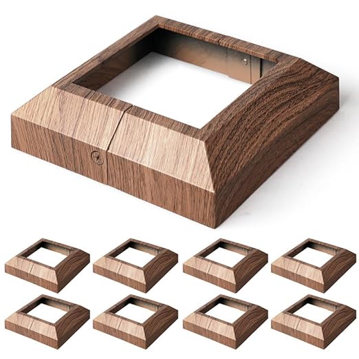 8 pcs 4"x4" (Actual: 3.5"x3.5") Aluminum Post Base Cover for Railings, Stairs, Patios, Porches - Split Deck Post Skirt (Walnut Wood)
