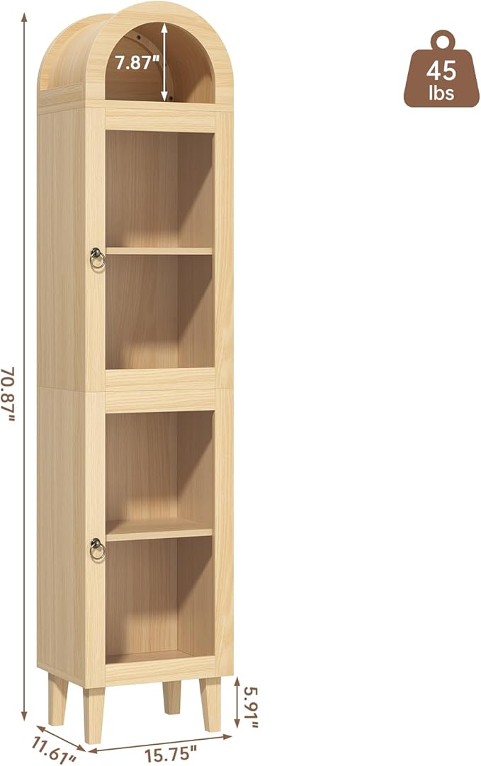 71” Tall Arched Pantry Cabinet with Glass Door, Display Cabinet Organizer, Versatile Pantry with Top-Opening Storage Container for Living, Kitchen Dining Room, Natural