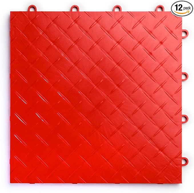 Big Floors RaceDeck Diamond Plate Design, Durable Interlocking Modular Garage Flooring Tile (Red, 12 Pack of 12 x 12" Tiles)