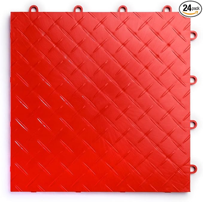 Big Floors RaceDeck Diamond Plate Design, Durable Interlocking Modular Garage Flooring Tile (Red, 24 Pack of 12 x 12" Tiles)