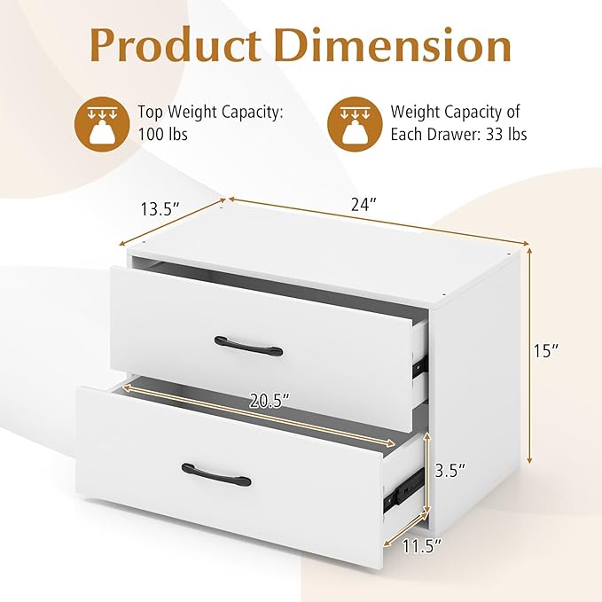 SIMOE White Stackable 2-Drawer Dresser for Bedroom, Short Storage Cabinet with Handles and Anti-Topping Device, Small Chest of 2 Drawers for Bedroom