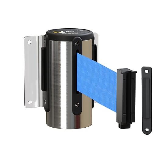 Montour Line WM115 Wall Mounted Retractable Belt Barrier with Standard Belt End, Fixed Mount, Polished Stainless Steel Casing (8.5 ft Light Blue Belt)