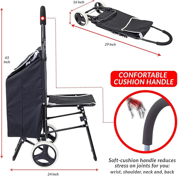 dbest Products Trolley Dolly Sport with Chair – Foldable Grocery Cart on Wheels – Multi Use Rolling Cart with Built-in Seat, Removable Bag, and Hand Truck Dolly Function, Black