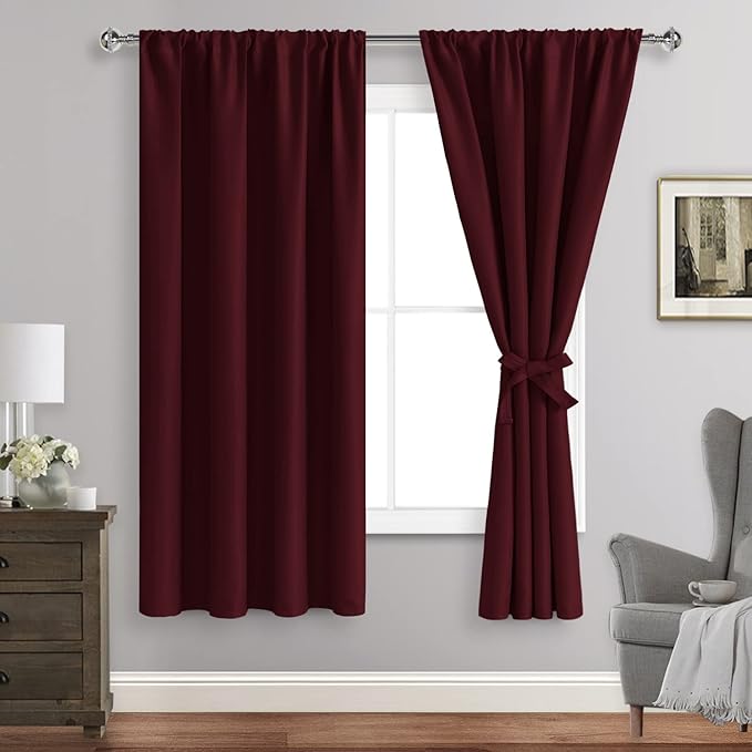 JIUZHEN Blackout Curtains for Bedroom– Thermal Insulated,Noise Reducing Room Darkening Rod Pocket Curtains for Living Room, Set of 2 Panels with Tiebacks, 42 x 63 inch Long,Burgundy