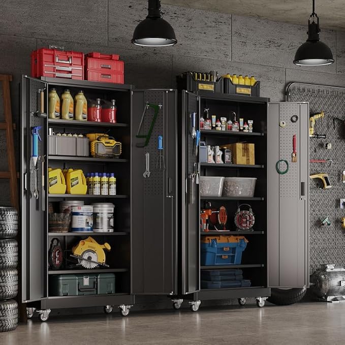 Aobabo Garage Storage Cabinet with Door Pegboard,Lockable Metal Storage Cabinet with 5 Adjustable Shelves for Garage Home,Required Assembly,Black