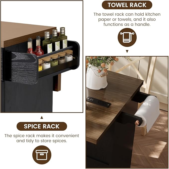 COCO DESIGN 60" Rolling Kitchen Cart with Power Strip & Drop Leaf, Thick Countertop, Large Storage Cabinet & Drawers, Mobile Island with Locking Wheels, Towel Rack and Spice Rack, Black and Walnut