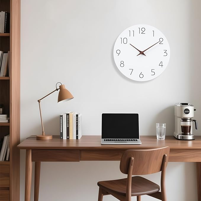 Mosewa Wall Clock 10 Inch Silent Non Ticking Wood Battery Operated Wooden White Modern Office Simple Minimalist Decorative for Kitchen Home Bathroom Living Room