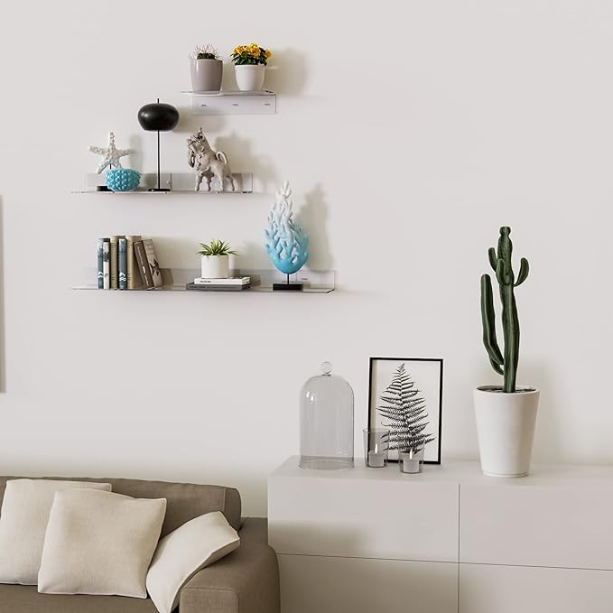 Acrylic Wall Shelves 36 24 12 Inches, Clear Floating Shelf for Wall, Wall Mounted Display Shelves for Plants, Radio, Funko Pop, Stuffed Animal, Books, Clock, Cosmetics, Toiletries