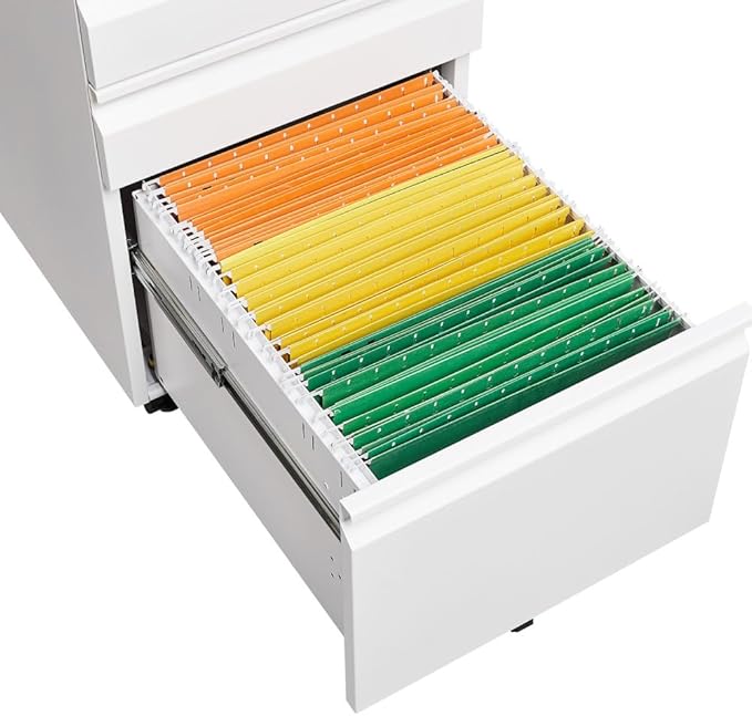 Lispin 3-Drawer Mobile Filing Cabinet with Lock, Office Storage Filing Cabinet of Legal/Letter Size, to be Installation Required (White + Metal + Modern)