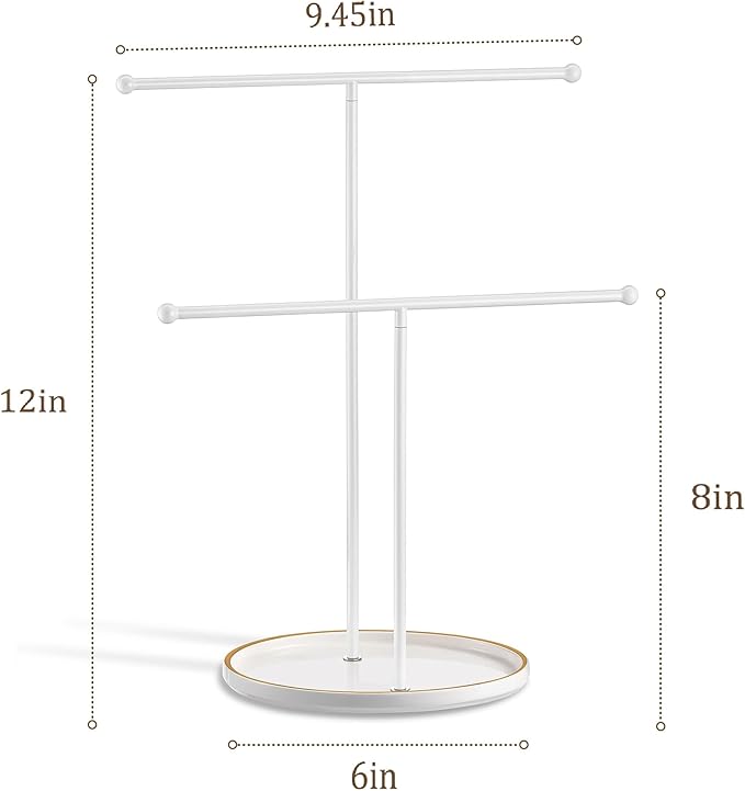 White Jewelry Holder Stand with Ceramic Tray: Small Hanging Necklace Organizer Tree for Earrings, Bracelets, Rings – Jewelry Display Hanger for Women & Girls, White