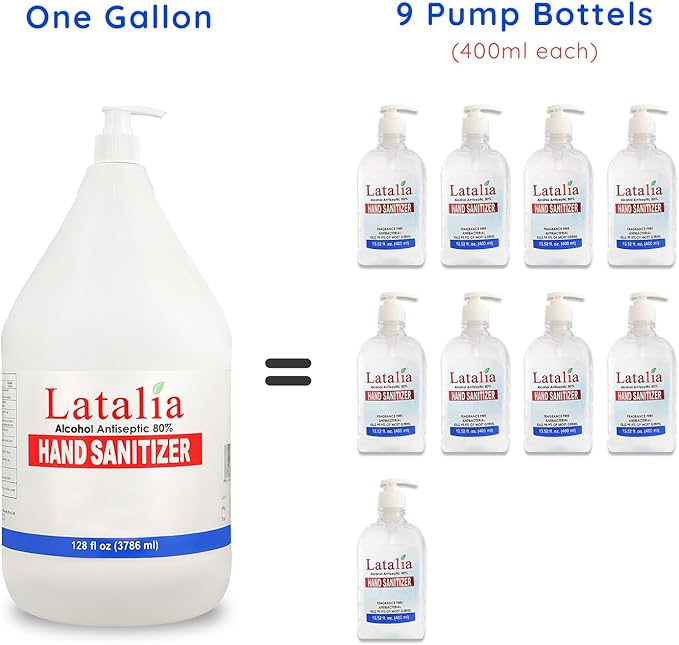 Latalia large Hand Sanitizer Pump 128 fl oz – Pack of 4 with 80% Alcohol Moisturizing Hand Sanitizer Refill Gallon for Home & Office, Unscented Clean Gel, Drying & Non-Sticky for Daily Hand Hygiene