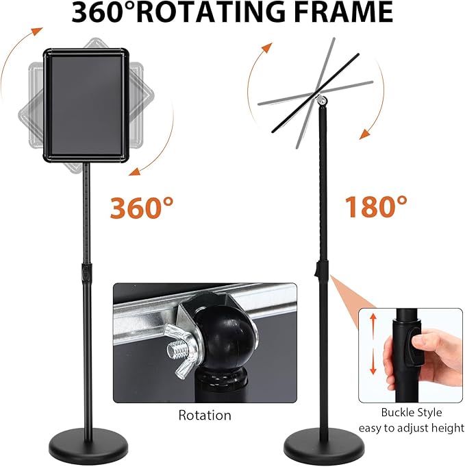 6 Pack Adjustable Sign Stand Holder 8.5'' x 11" Heavy Duty Floor Standing Sign with Base and Snap open Frame Pedestal Stand for Indoor Outdoor Display Vertical Horizontal View (Round Corner)