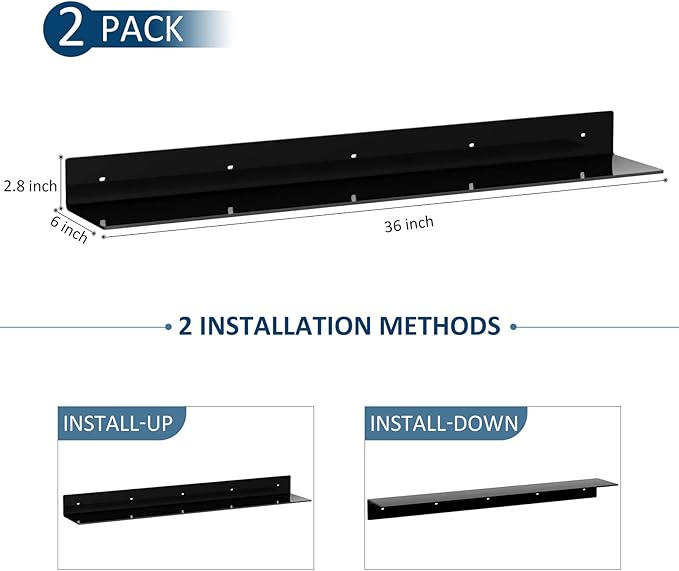 36 Inches Acrylic Long Wall Shelf Set of 2, Black Wall Mounted Acrylic Bathroom Storage Shelves Display Organizer, Floating Shelf for Bottle Oragnizer, Spice, Wine, Toys, Controller, Cup