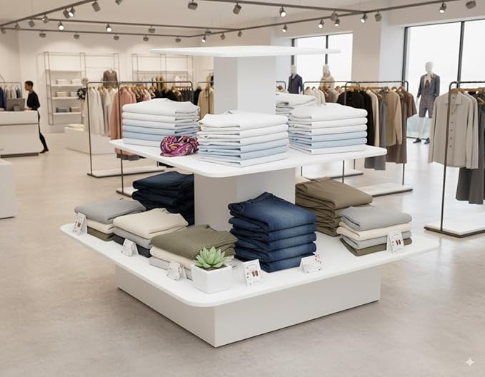 WISDOMFUR 3-Tier Square Retail Display Table – 48" x 48" x 42" White Merchandising Fixture with Multi-Level Shelving for Stores & Boutiques