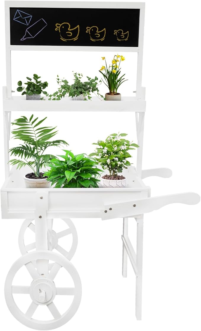 Vintage Plant Flower Rack with Blackboard 3 Tier Candy Cart Display Stand Decorated Dessert Cart,Wood Plant Food Carts for Party Wedding, Plants Display Rack,Tea Stall - White(White)