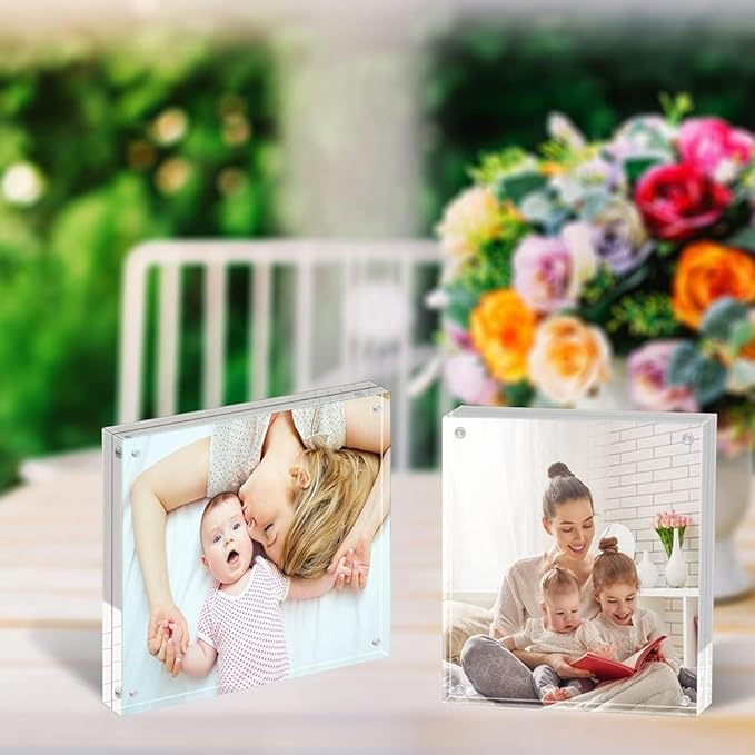 ILYXY 2 Pack Acrylic Frame 8x8, 20% Thicker, 24mm Thick Frameless Clear Square Picture Frame, Double Sided Magnetic Photo Frame, Free Standing Desktop Display Stand Acrylic Picture Frames