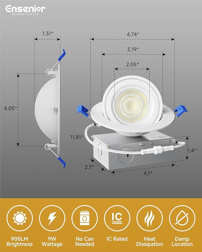 Ensenior 12 Pack 4 inch 5CCT LED Gimbal Led Recessed Light with Junction Box, 360°+90° Adjustable Directional Eyeball Lighting, Dimmable, 2700K/3000K/3500K/4000K/5000K, 900LM, 9W=85W, 120V-ETL&FCC
