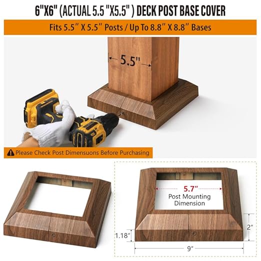 8 pcs 6"x6" (Actual: 5.5"x5.5") Aluminum Post Base Cover for Deck Railings, Stairs, Patios, Porches - Split Post Skirt (Walnut Wood)
