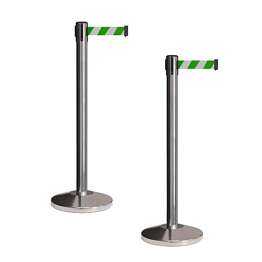 CCW Set of 2 Retractable Belt Barriers Stanchion, Polished Stainless Steel Post, RBB-100 (9 Foot Belt, Green and White Diagonal Belt)