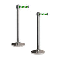 CCW Set of 2 Retractable Belt Barriers Stanchion, Polished Stainless Steel Post, RBB-100 (7.5 Foot Belt, Green and White Diagonal Belt)