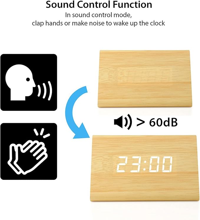 GEARONIC Digital Alarm Clock Wooden Alarm Clock Wood Modern Triangle Alarm Digital Desk Clock, Displays Time Date Temperature Calendar Wood Made Electric Clocks for Bedroom, Bedside - Bamboo