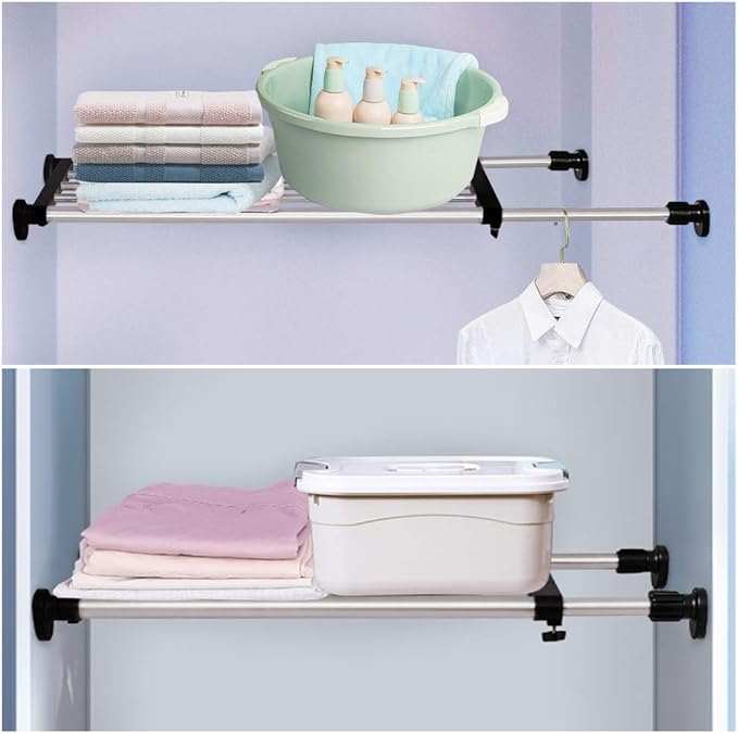 BAOYOUNI Adjustable Closet Shelf Expandable Shelves Tension Rod Hanger Space Saving Storage Rack Organizer Divider for Wardrobe, Cupboard, Kitchen, Bathroom Use, Black, 2 Pack