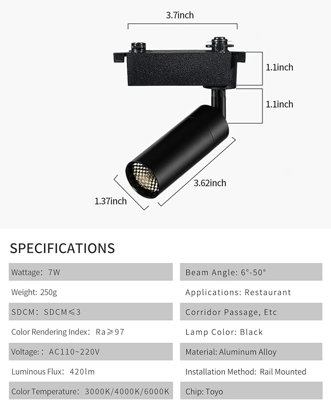 LED Zoomable Ceiling Spotlight 7W Adjustable Beam Angle 6-50° Swivelable Angle CRI 97 Black Aluminum Accent Lamp for Corridor Mural Living Room - COB Chip