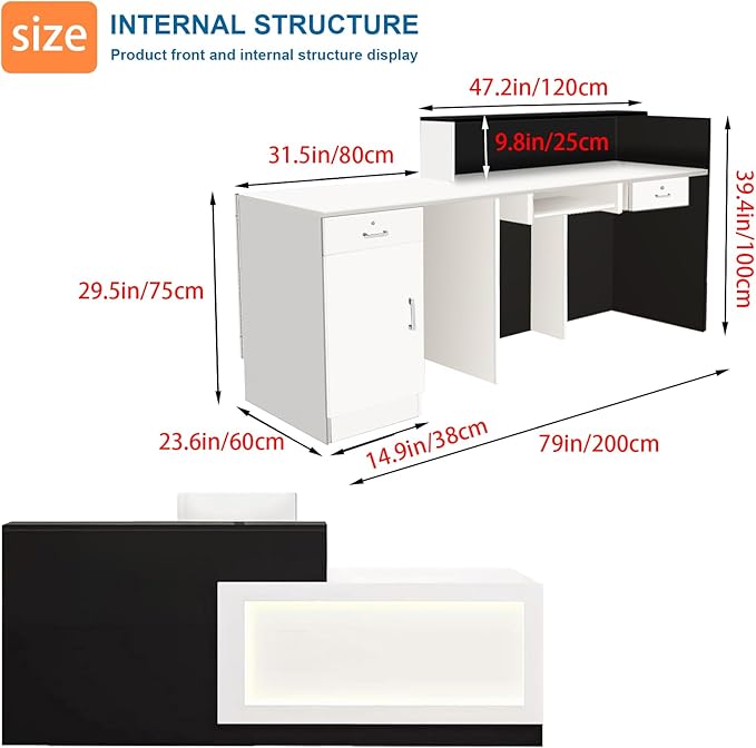 Reception Desk with Counter LED Light and Lockable Drawers and Storage Tall Modern Front Desk Reception Counter for Checkout Lobby Beauty Salon E Right 79inch/200cm