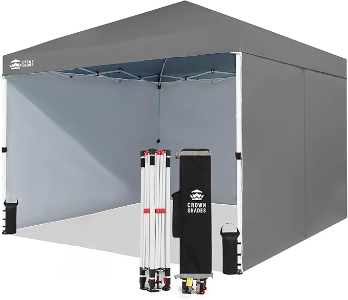 CROWN SHADES 10X10 Comercial Instant Canopy Pop Up Tent with Center Lock, 300D Fabric, 4 Sidewalls, Sto'N Go Bag, Grey