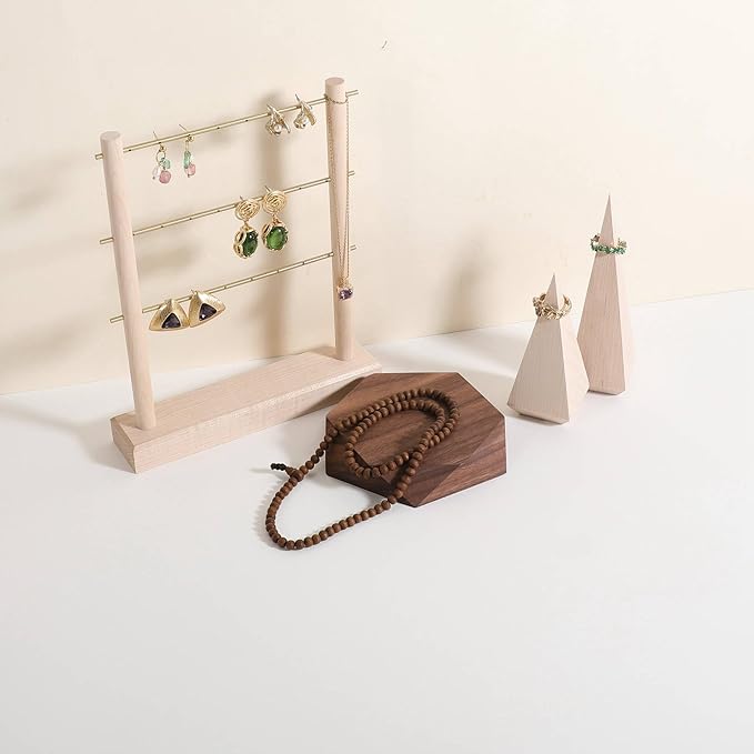 GemeShou single Walnut Jewelry display Tray for selling, Wooden hexagon display riser for jewelry, Jewelry retail shop display stand, photography props【Walnut Hexagon single Large】