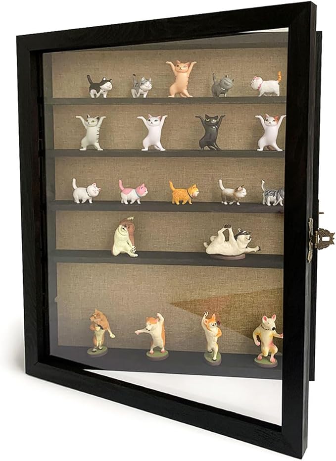 Large Shadow Box with Shelves, 16x20 Wooden Shadow Box Display Cabinet with Acrylic Window ，5 Removable Shelves and Linen Back ，for Displaying Photo Souvenir Collection（Black）