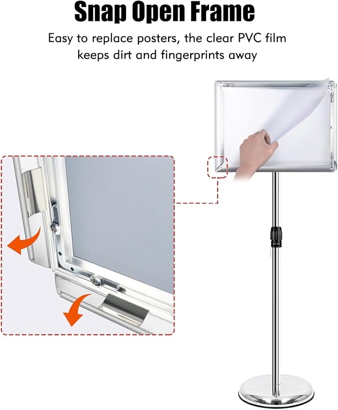 Adjustable Sign Stand for Display, Pedestal Floor Signage Stand Holder with Heavy Duty Base, for Outdoor or Indoor Advertising (11 x 17, Silver)