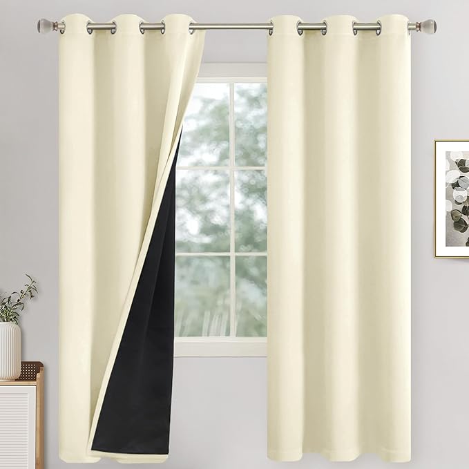 Blackout Curtains for Bedroom 72 Inch Length 2 Panels Set, Thermal Insulated 100% Light Blocking Soundproof Grommet Window Curtains for Living Room with Black Liner, Each 42 Inch Wide, Cream