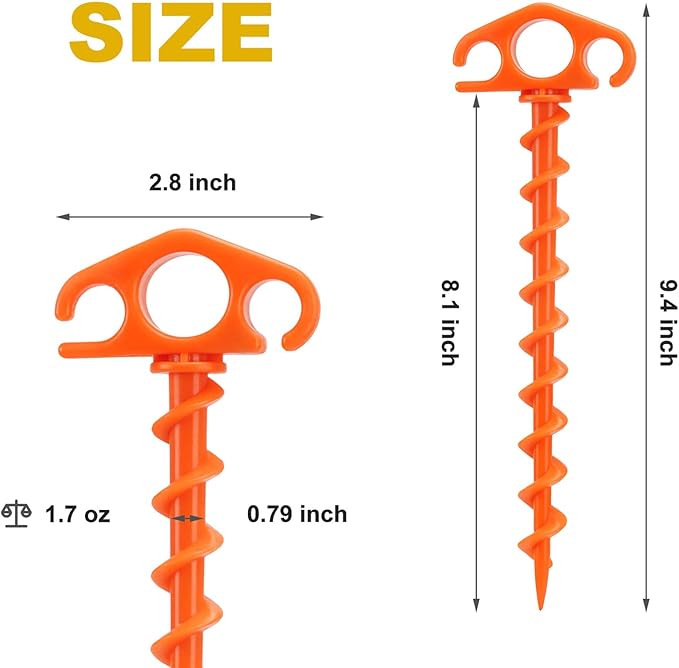 Tent Stakes Ground Anchors Screw in, 6 Pack Sand Stakes for Beach 9.4 Inch Heavy Duty Spiral Tent Pegs for Camping, Party, Hiking, Outdoor Decoration (6, Orange)