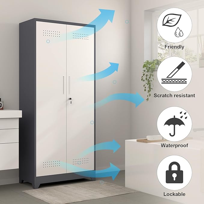 GREATMEET 72.8" H Metal Garage Storage Cabinets, Lockable Broom Closet Storage Cabinet with Doors and Shelves, Utility Cabinets for Storage Locker, Grey-White