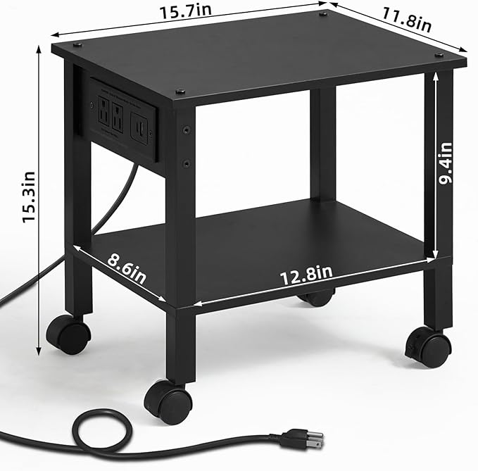 2 Tier Under Desk Printer Stand with Storage, Small Printer Table with Charging Station, Rolling Printer Cart Shelf with Lockable Wheels for Home, Office (Black)