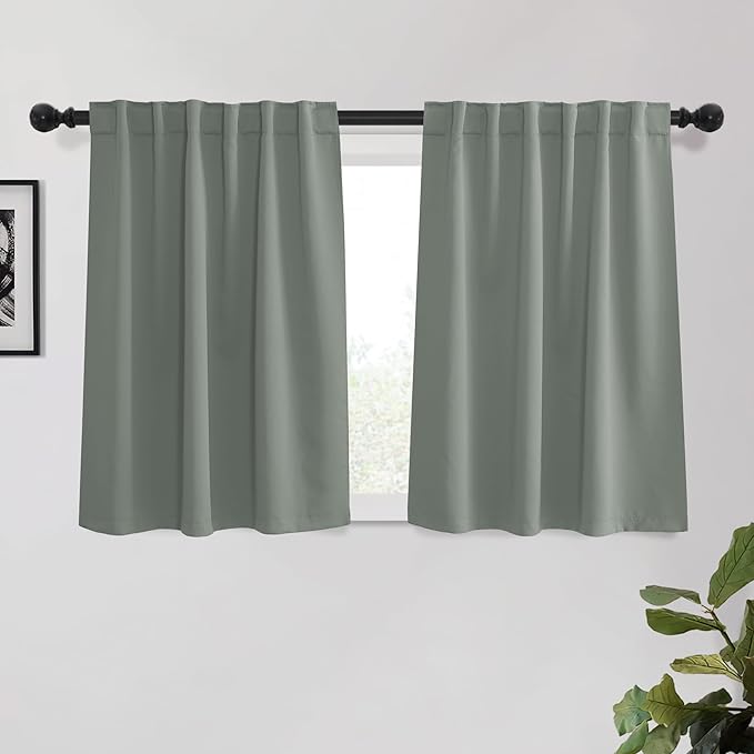 KGORGE Green Short Curtains for Bedroom, Privacy Thermal Insulated Room Darkening Energy Saving Kitchen Curtains 45 inch Length, Back Tab Rod Pocket, W34 x L45 inches, Grayish Green, 2 Panel