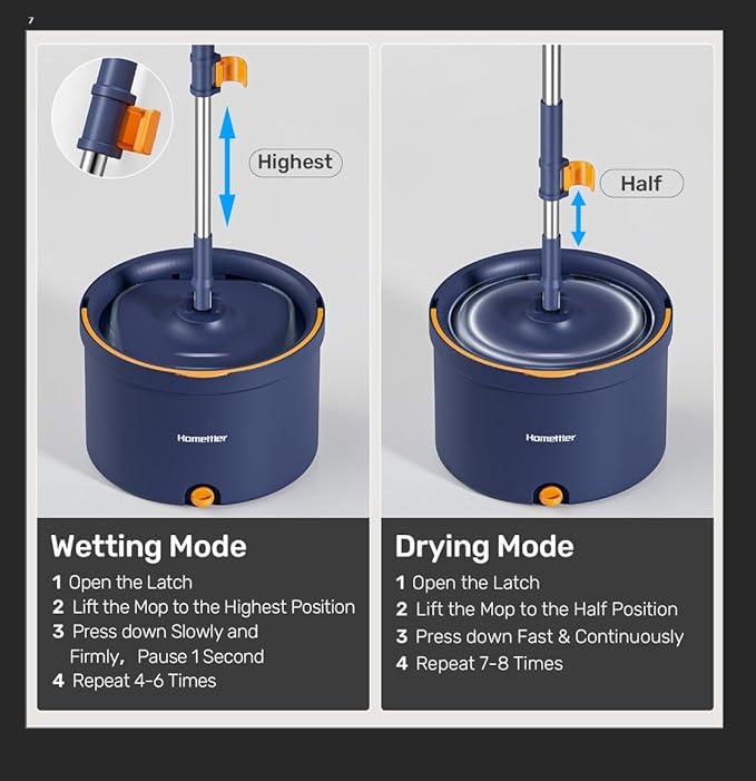 Spin Mop and Bucket Set, Mop Bucket with Separate Dirty Water System, Deep-Cleaning Mops for Floors/Wall, Versatile Mops with 4 Microfiber Mop Pads