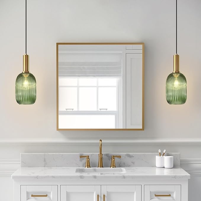 KCO Lighting Green Ribbed Glass Pendant Light Kitchen Island Small Antique Brass Ceiling Pendant Light Mid Century Modern Dining Room Hanging Light Fixture Gold Globe Pendant Lighting